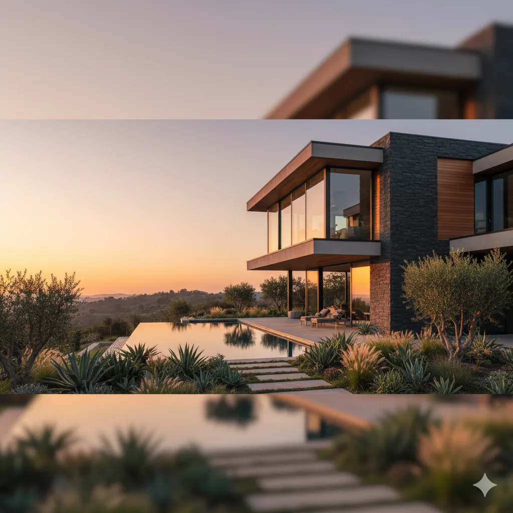 Render arquitectónico con equipo diseñando planos